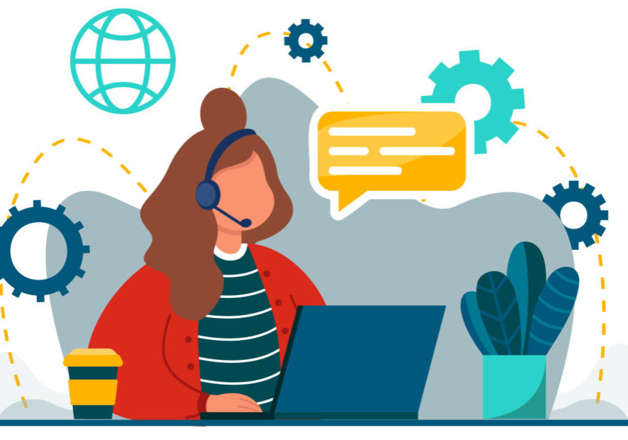 Call center manager taking calls. Flat vector illustration. Support service operator answering questions of customers, sitting in front of laptop with headphones. Support, service, help concept